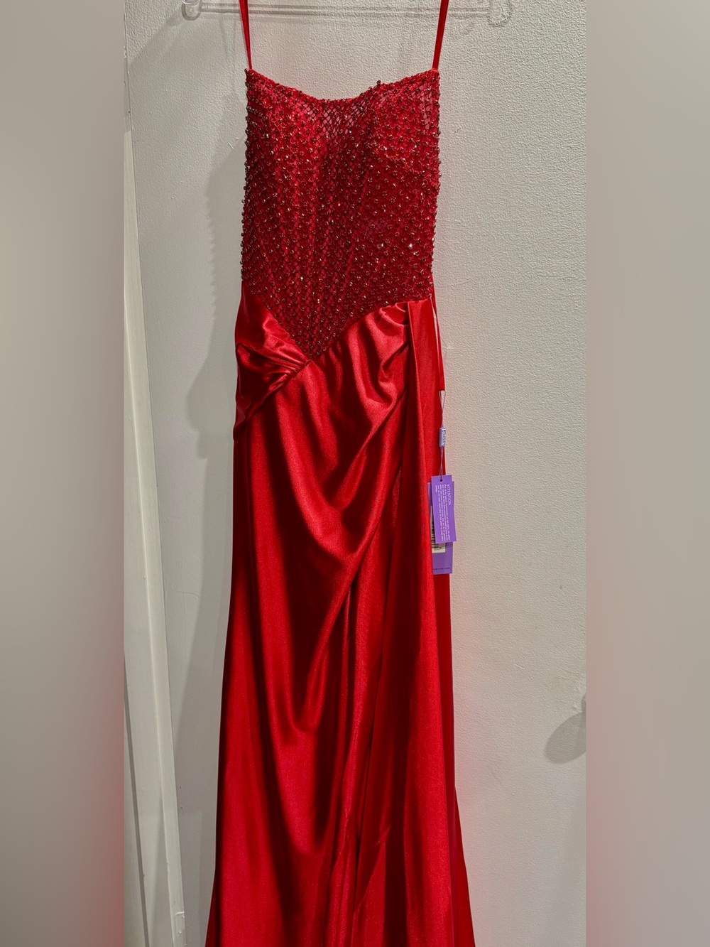 Red Beaded Satin Evening Gown